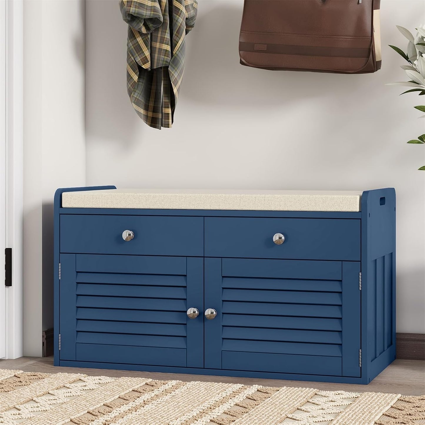 Shoe Storage Bench with 2 Drawers & 2 Doors, Entryway Bench with Cushion, 2 Adjustable Shelves, Shoe Cabinet for Entryway, Living Room, Hallway, Mudroom, Bedroom, Blue