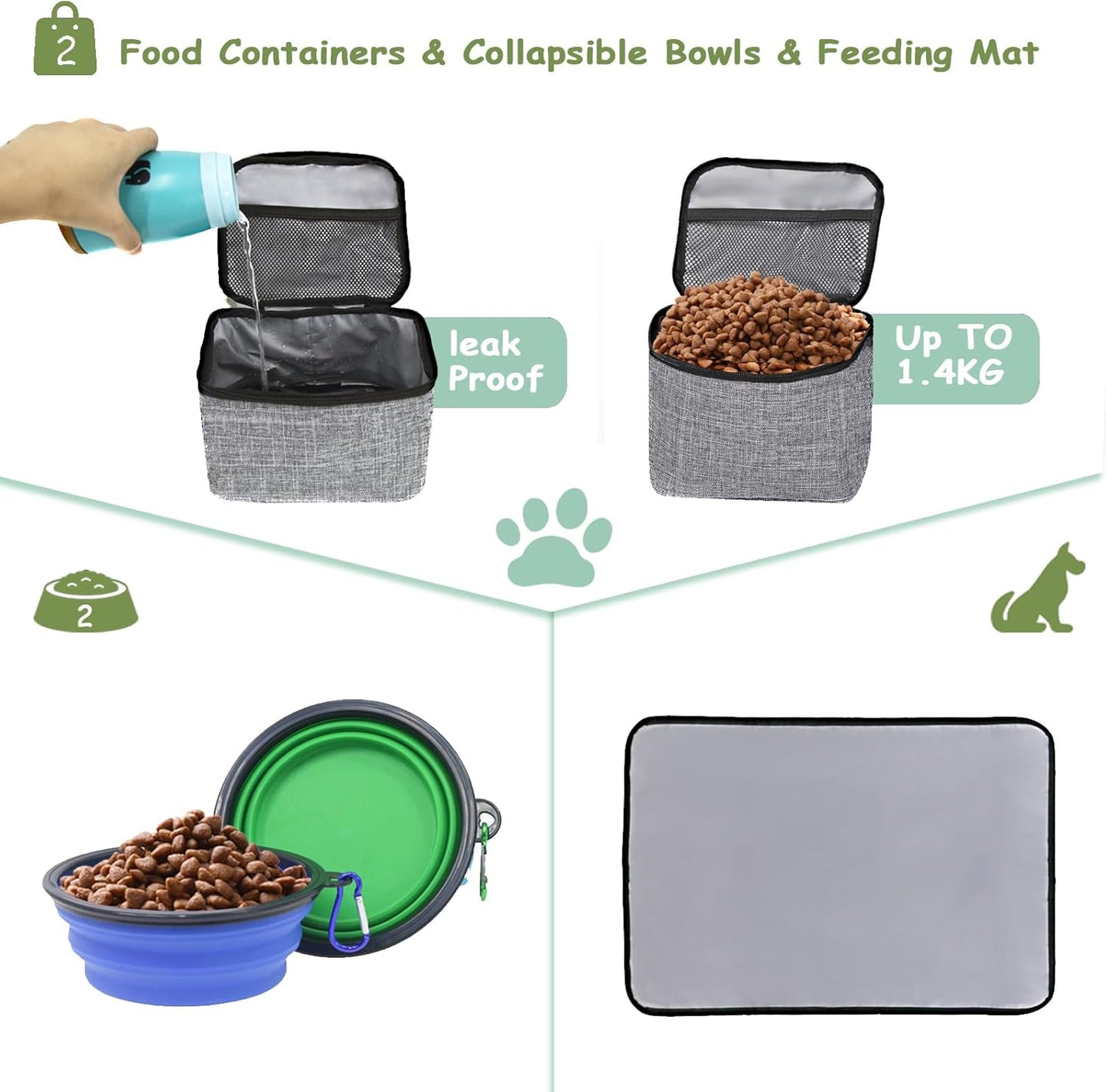 WOLT Dog Travel Bag Dog Bag for Traveling and Supplies with 2 Collapsible Bowls, 2 Food Containers, 1 Place Mat, Grey