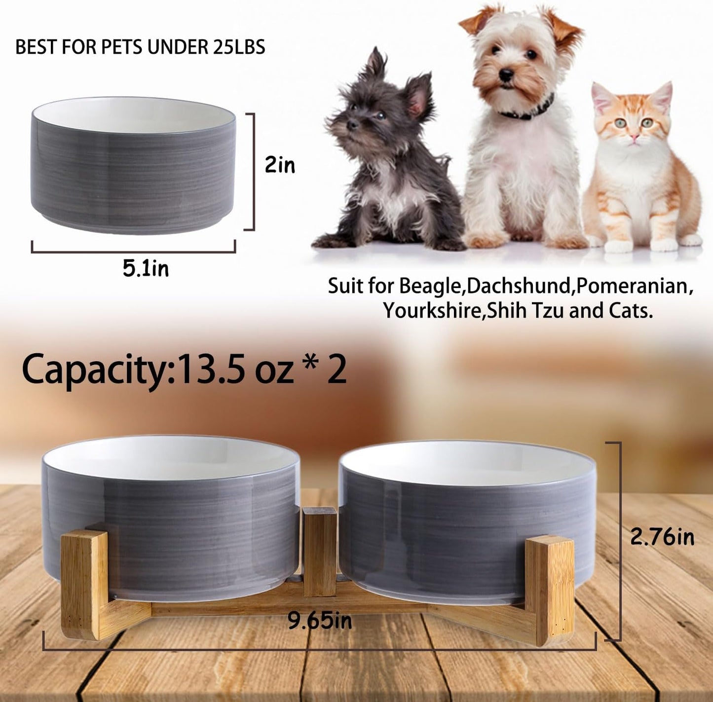 Petygooing Ceramic Cat Dog Bowl Set with Wood Stand, 13.5OZ/5.1 in, Grey White