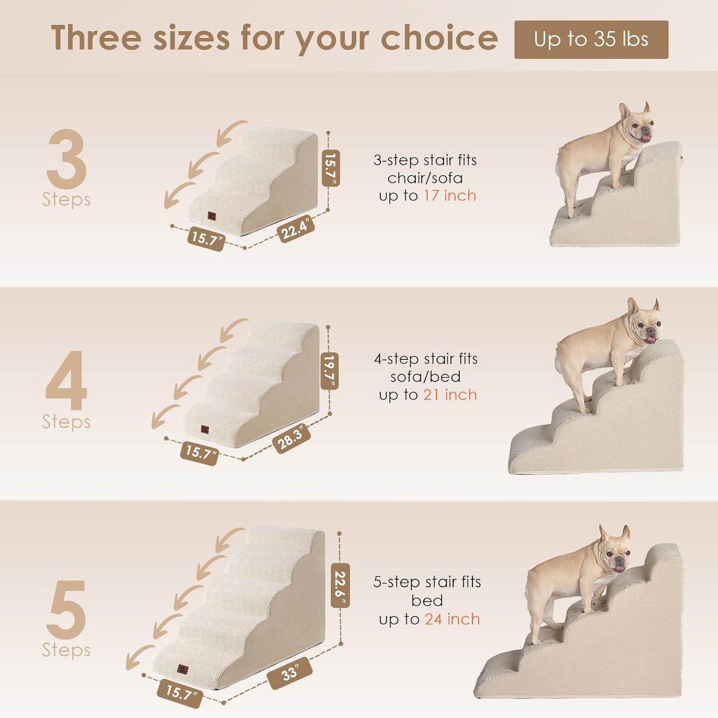 EHEYCIGA Curved Dog Stairs Ramp for Small Dogs 15.7" H, 3-Step Dog Steps for Couch Sofa and Chair, Pet Stairs for Cats, Non-Slip Balanced Pet Steps Indoor, Beige
