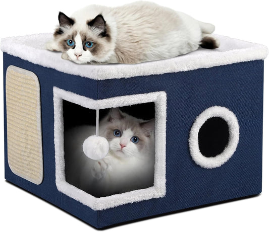 Cat House Bed for Indoor Cats, Large Cat Cave with Cozy Condo, Fluffy Hanging Ball, Scratch Pad, Hide-and-Seek, Foldable Indoor Cat House Hideaway with Double-Sided Soft Cushions for All Seasons, Blue