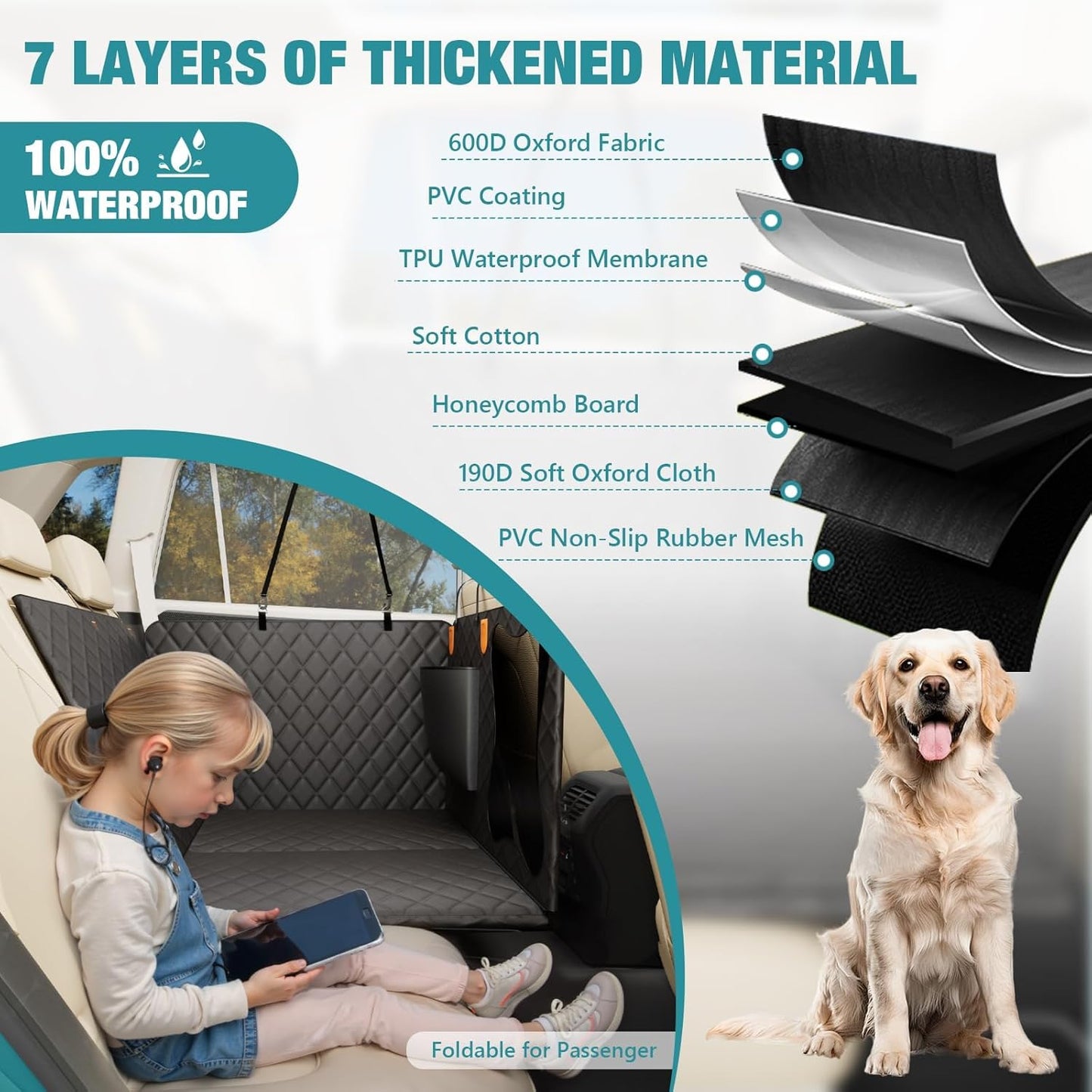 Waterproof Dog Car Seat Cover for Back Seat – Heavy Duty Back Seat Extender for Dogs with Hard Bottom, 7-Layer Protection, Non-Slip & Scratchproof, Easy to Install (Black)