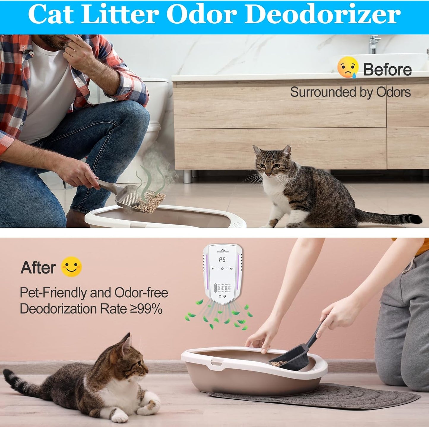Cat Litter Deodorizer 99% Pets Poof Odor Eliminator Air Purifier Ozone Odor Removal Air Freshener for Home & Pets Litter Box Room Wardrobe Shoe Cabinet Toilet White