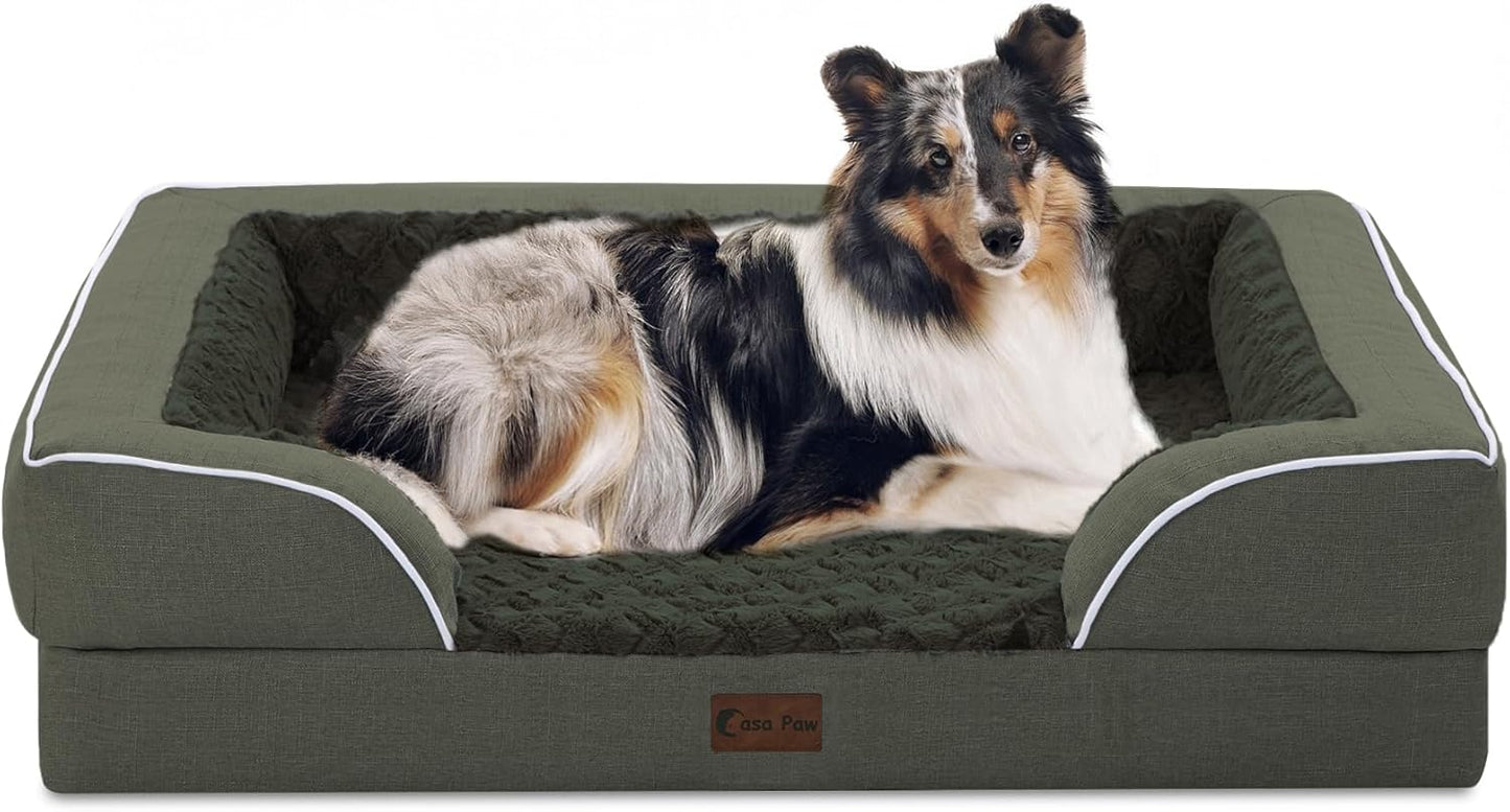 Orthopedic Dog Beds for Large Dogs, Waterproof Memory Foam Dogs Bed with Sides, Non-Slip Bottom and Egg-Crate Foam Big Dog Sofa with Removable Washable Cover(Large,Dark Green)