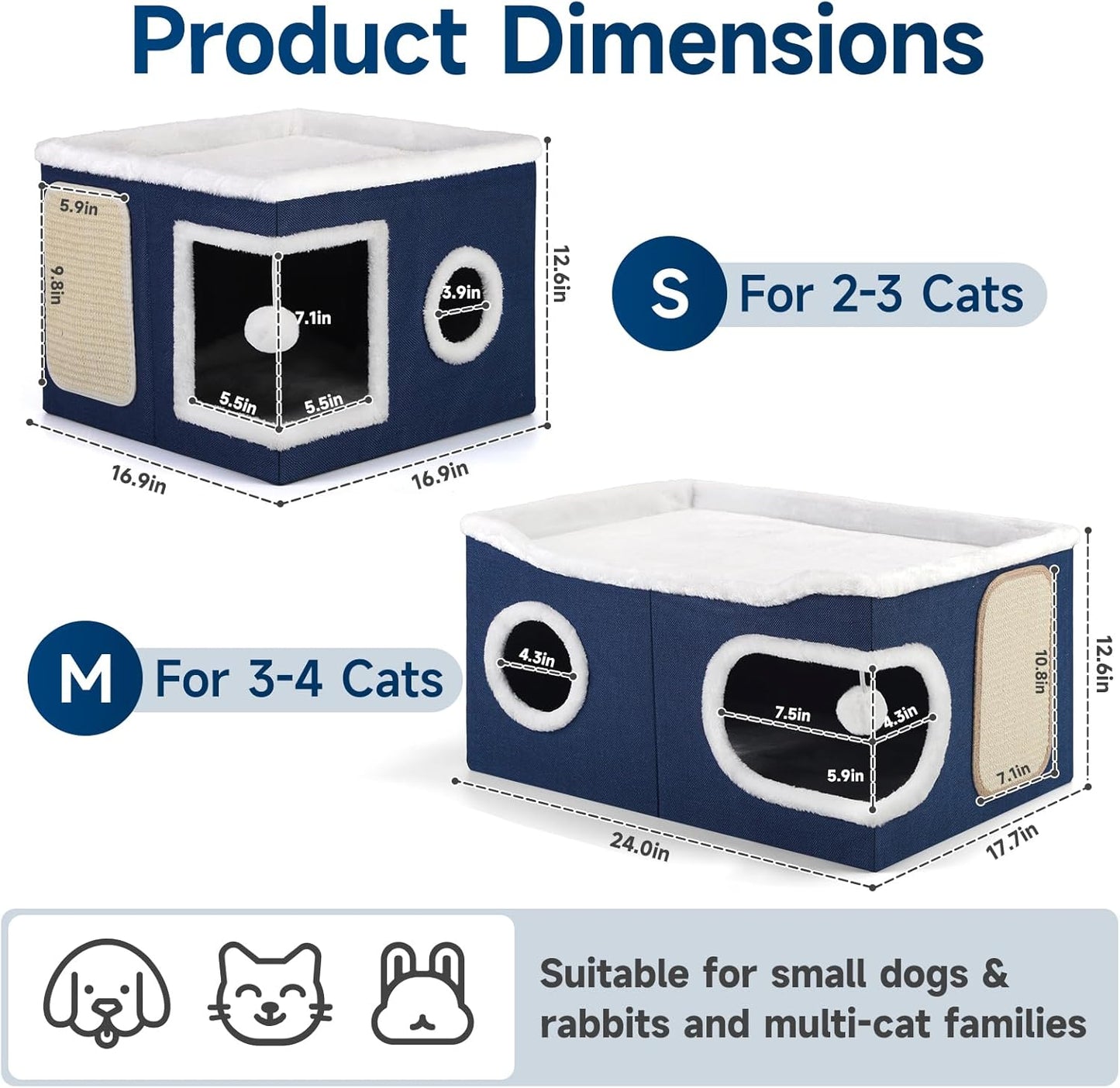 Cat Beds for Indoor Cats, Extra Wide Cat Cube House for Multi Cats, Foldable Cat Cave Hideaway with Arc-Edge Design & Oval Door, Double-Side Soft Cushion for All Seasons, 24"L x 17.7"D x 12.6"H, Blue