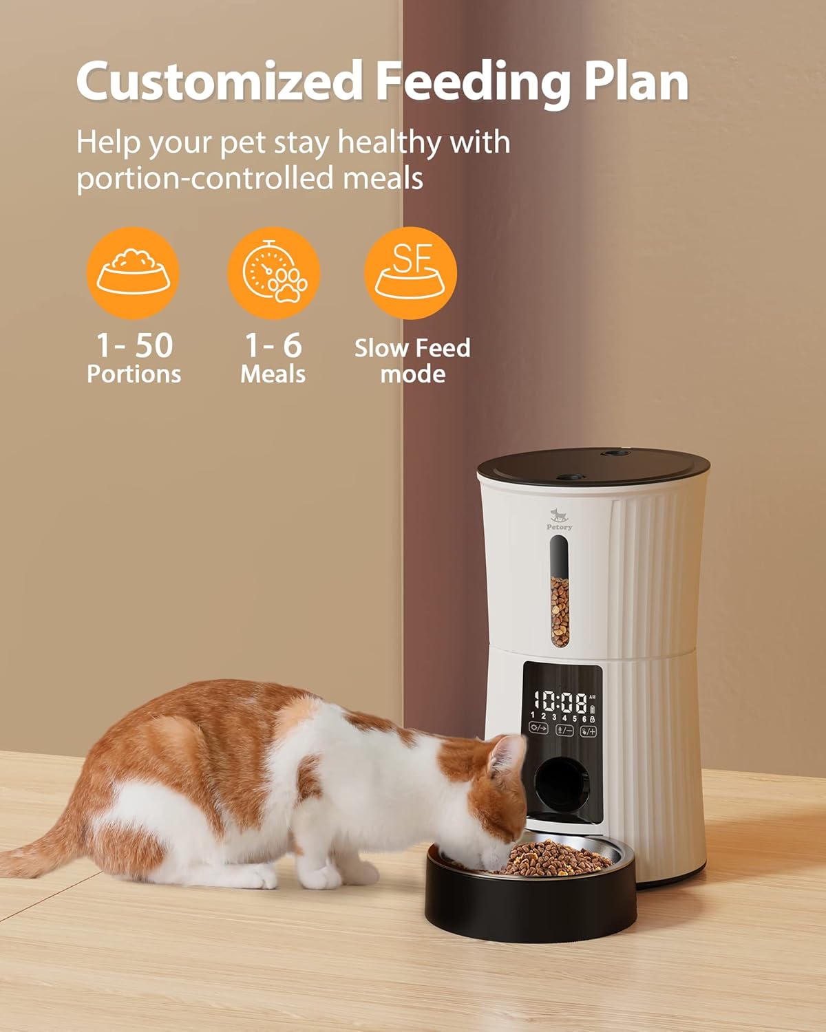 Petory Automatic Cat Feeders - 4L Timed Cat Feeders for Dry Food Built-in Battery up to 6 Meals with Desiccant Bag Support Dual Power 10S Recorder