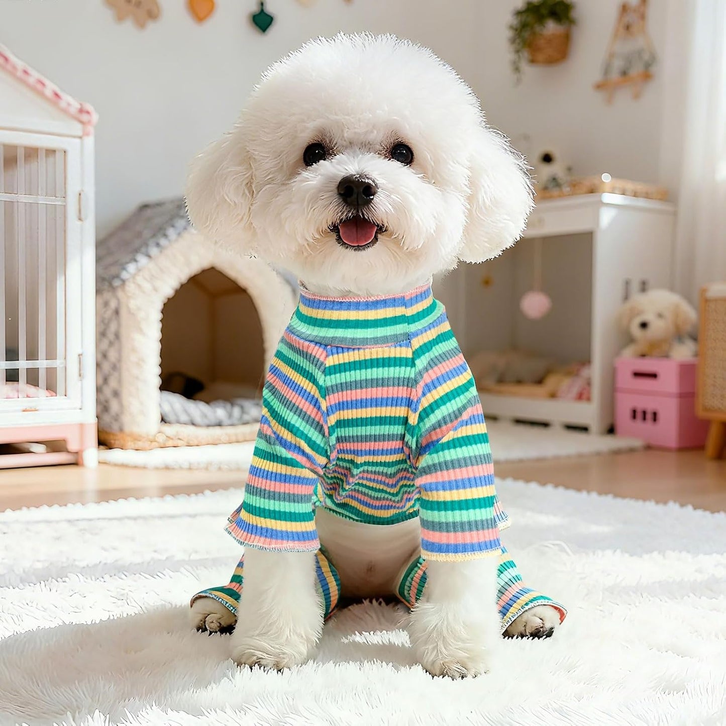 BAEJMJK Striped Dog Pajamas Stretchy Cute Four-Legged Boy Girl Dog Clothes with Sleeves Comfortable Dogs Jumpsuit Colorful Pet Puppy Outfits Apparel for Small Medium Dogs Cats(Green,Small)