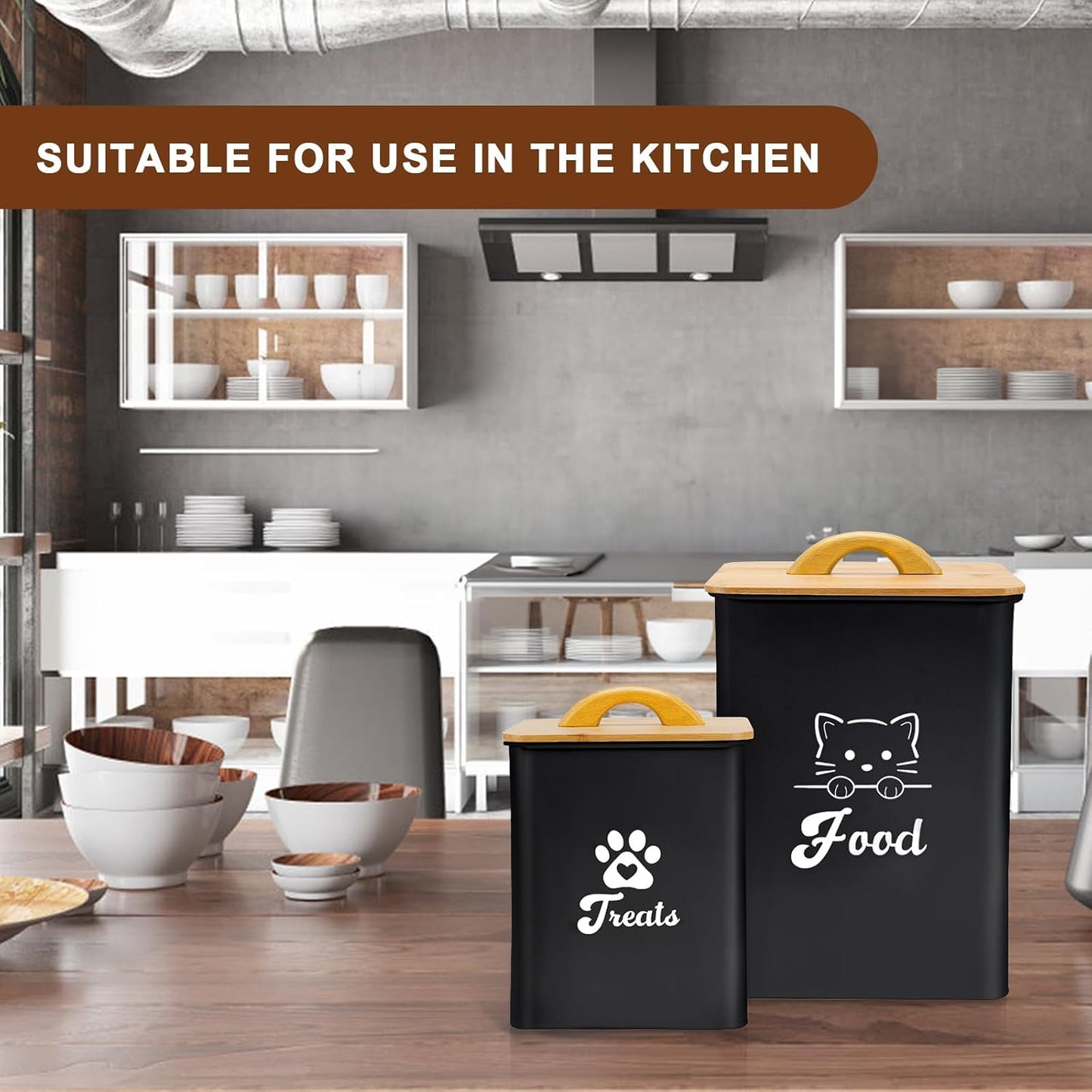 Cat Food Storage Container with Scoop, 2PCS Cat Food Storage Container with Lids Airtight, Cat Treat Jars for Kitchen Counter-7+3Lbs, Cat Cookie Jar for Storage, Black