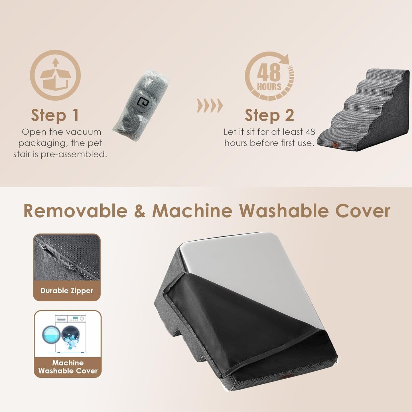 EHEYCIGA Curved Dog Stairs Ramp for High Beds 22.6" H, 5-Step Dog Steps for Small Dogs and Cats, Pet Stairs for High Bed Climbing, Non-Slip Balanced Pet Step Indoor, Grey