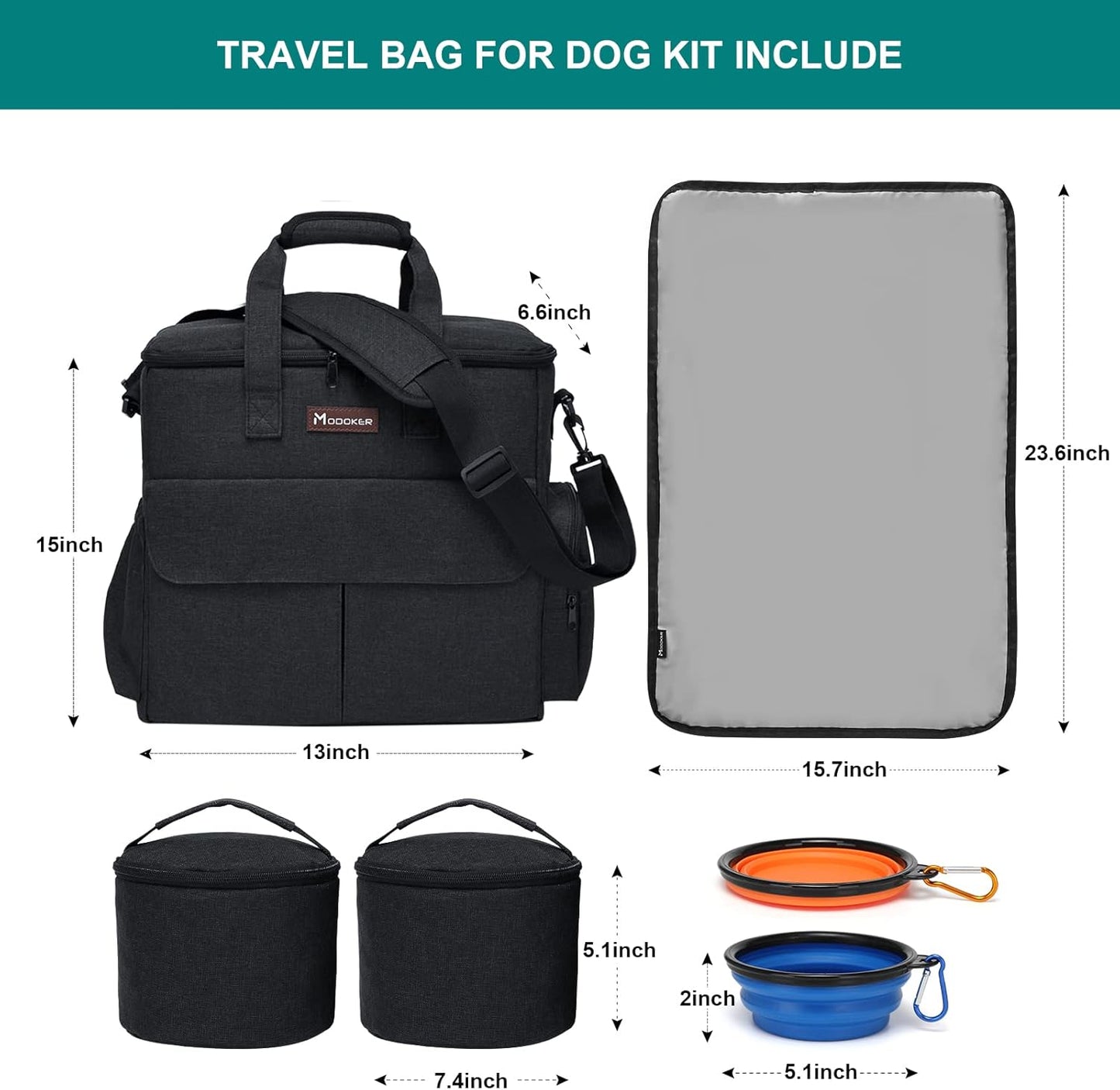 Dog Travel Bag by Modoker - Dog Travel Kit for a Weekend Away Set Includes Pet Travel Bag Organizer for Accessories, 2 Collapsible Bowls, 2 Travel Food Container (Black)