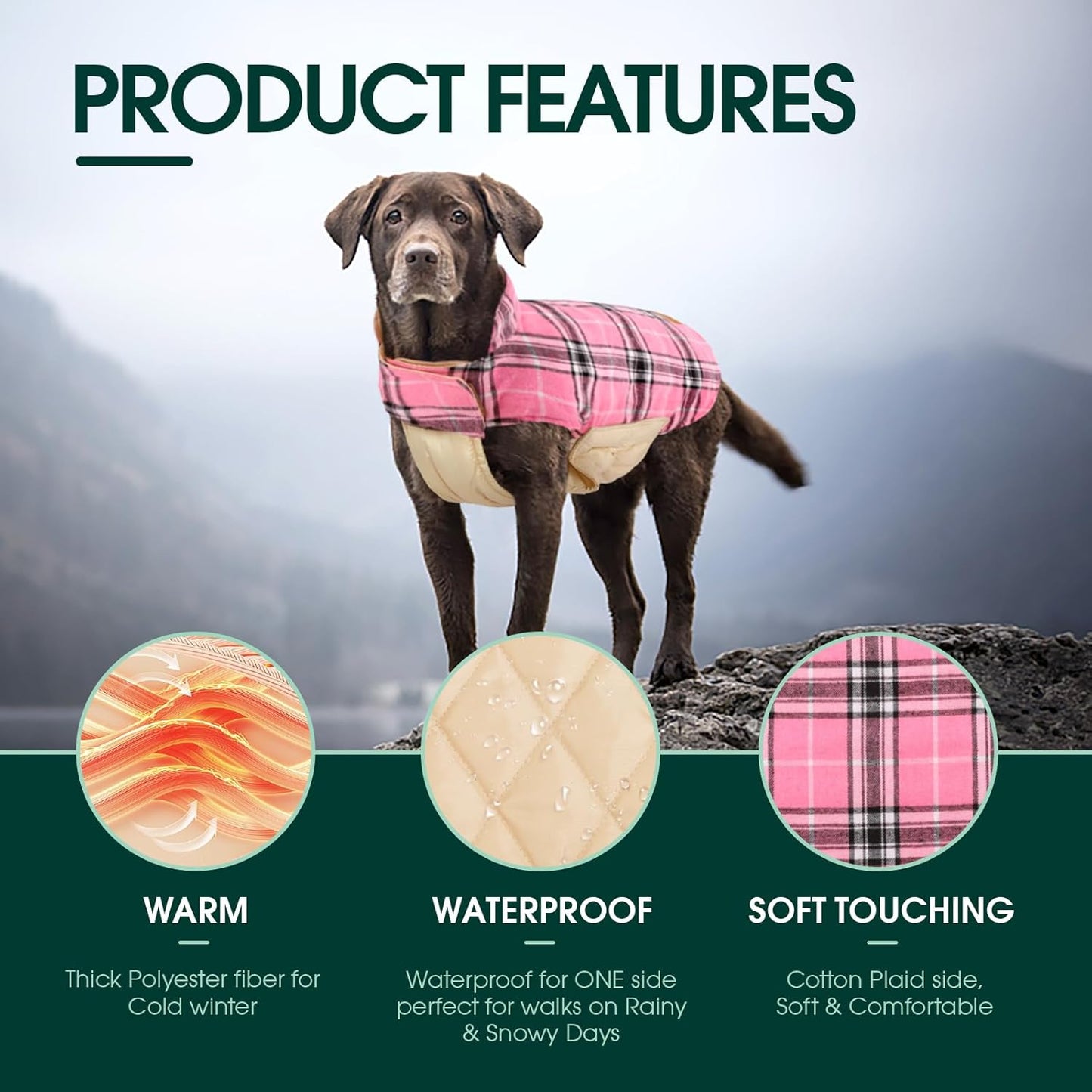 Kuoser Waterproof Dog Coat, Reversible Dog Jacket for Medium Dogs, Adjustable Durable Doggie Winter Coat Warm Puppy Cold Weather Apparel from Small to Large Breed, Pink M