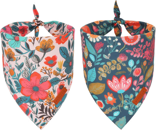 PTDECOR Flower Dog Bandana,2 Pcs Floral Reversible Dog Scarf, Multi Size, Triangle Pet Bandanas for Medium Large Dogs (Flower, Large)
