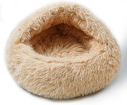 Cat Bed for Indoor Cats, Calming Cozy Cave with Self-Warming Plush, Entire Bed Machine Washable & Anti-Slip Base, Breathable Pet Bed for Small Cats&Dogs All Seasons (Apricot Color, 24 * 24inch)