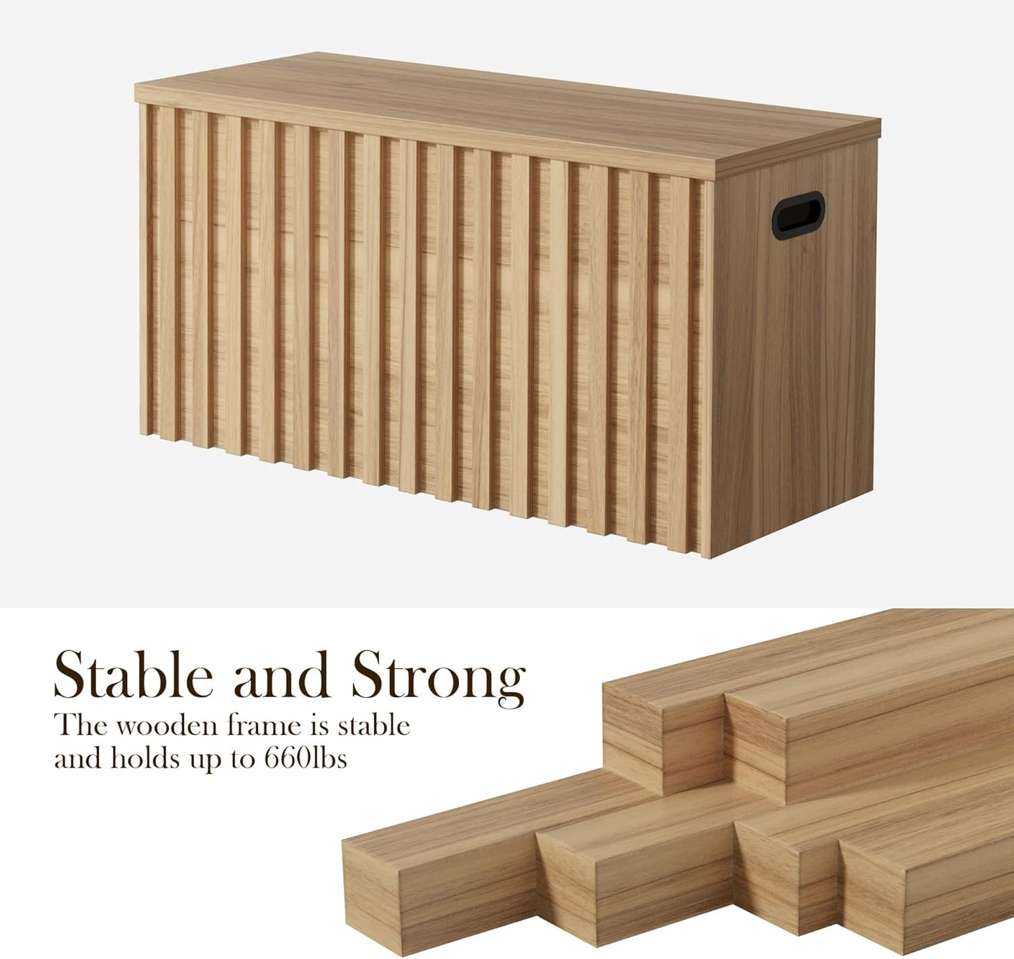 UEV Storage Bench,39.4" Wood Box, Storage Trunk with 2 Safety Hinges, Ottoman Storage Chest, Fluted Storage Bench for Bedroom, Entryway, Living Room(Natural Wood)