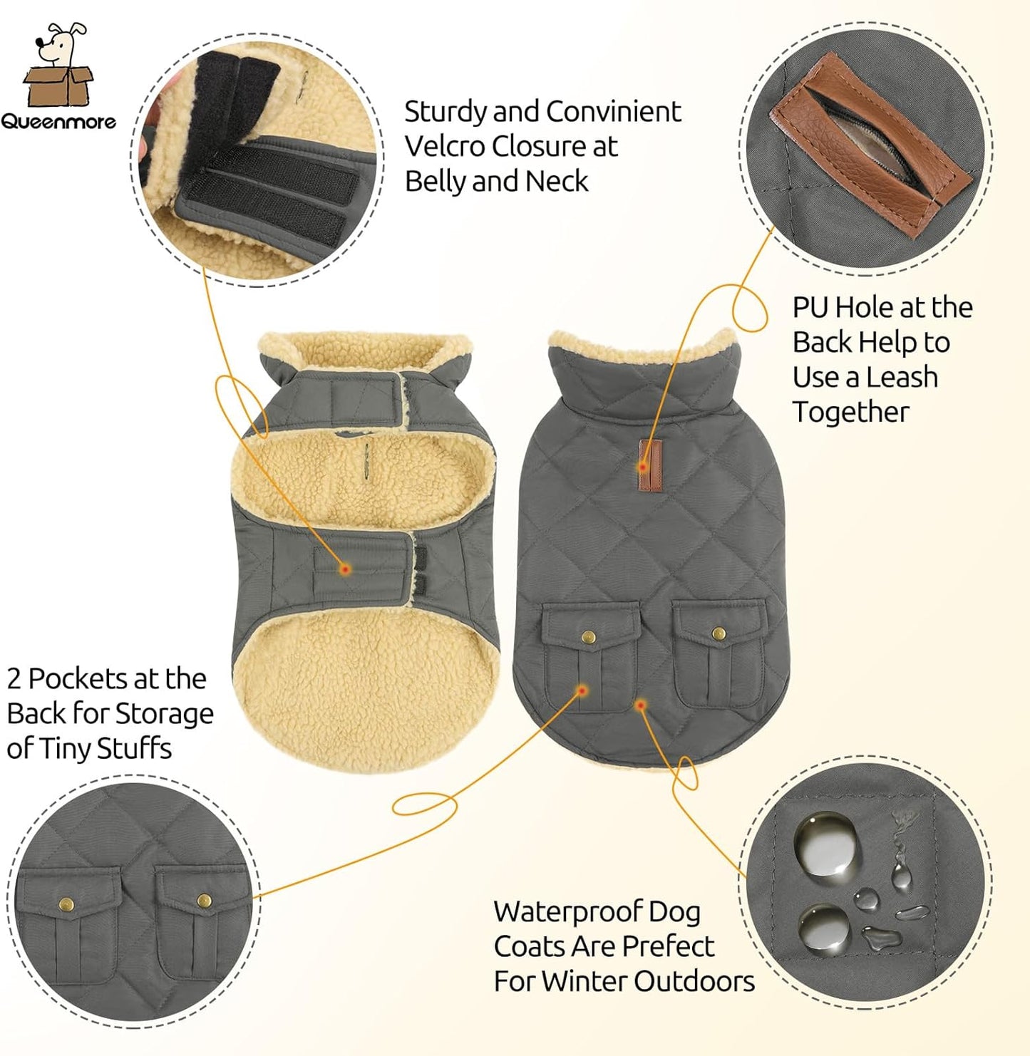 Queenmore Dog Winter Coat - Fleece Jacket, Waterproof Cold Weather Clothes, Thick Warm Cotton Padding, Easy On/Off Storage Pockets (Grey, X-Small)