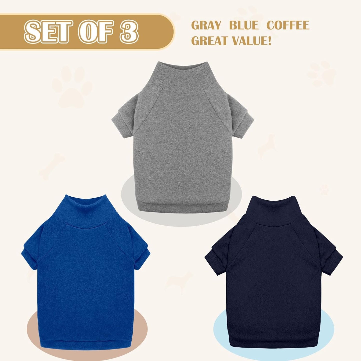 3 Pack Dog Sweaters for Medium Dogs, Fleece Dog Sweater Turtleneck Soft Warm Pet Sweatshirt Clothes Medium Sized Boy Girl Pet(Gray+Royal Blue+Navy,M)