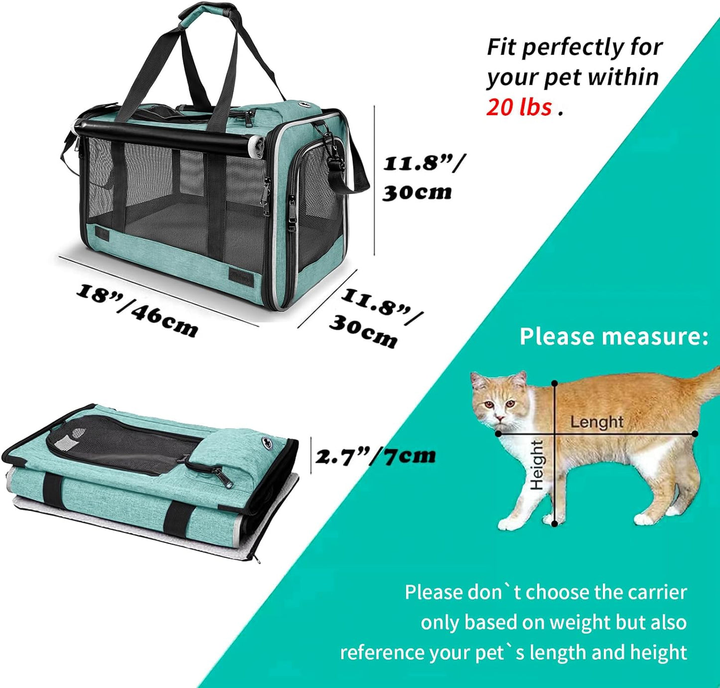 Small Dog Carrier for Puppy Yorkshire Softshell Car Transport Chihuahua Carry Cage 18-inch Collapsible Doggie Vet Visit Crate Easy Load Roomy Pet Carrier Bag Kennel Dog Essentials Teal