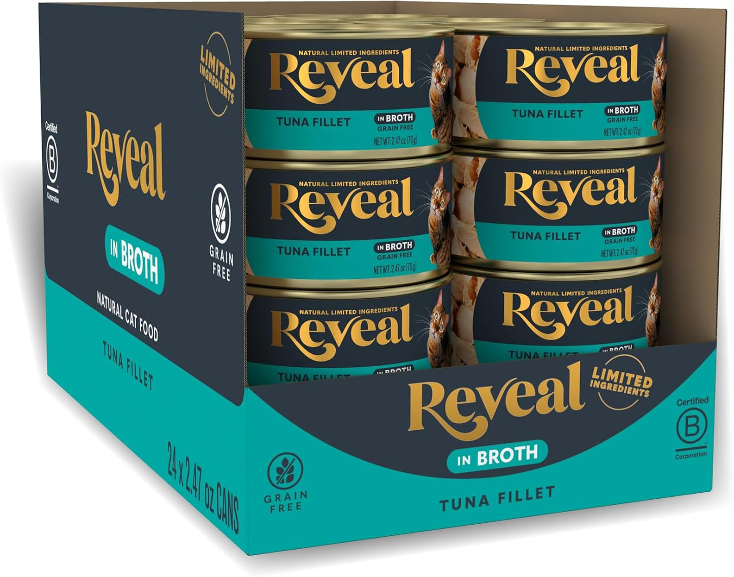 Reveal Natural Wet Cat Food, 24 Count, Grain Free, Limited Ingredient Canned Food for Cats, Tuna Fillet in Broth, 2.47 oz Cans