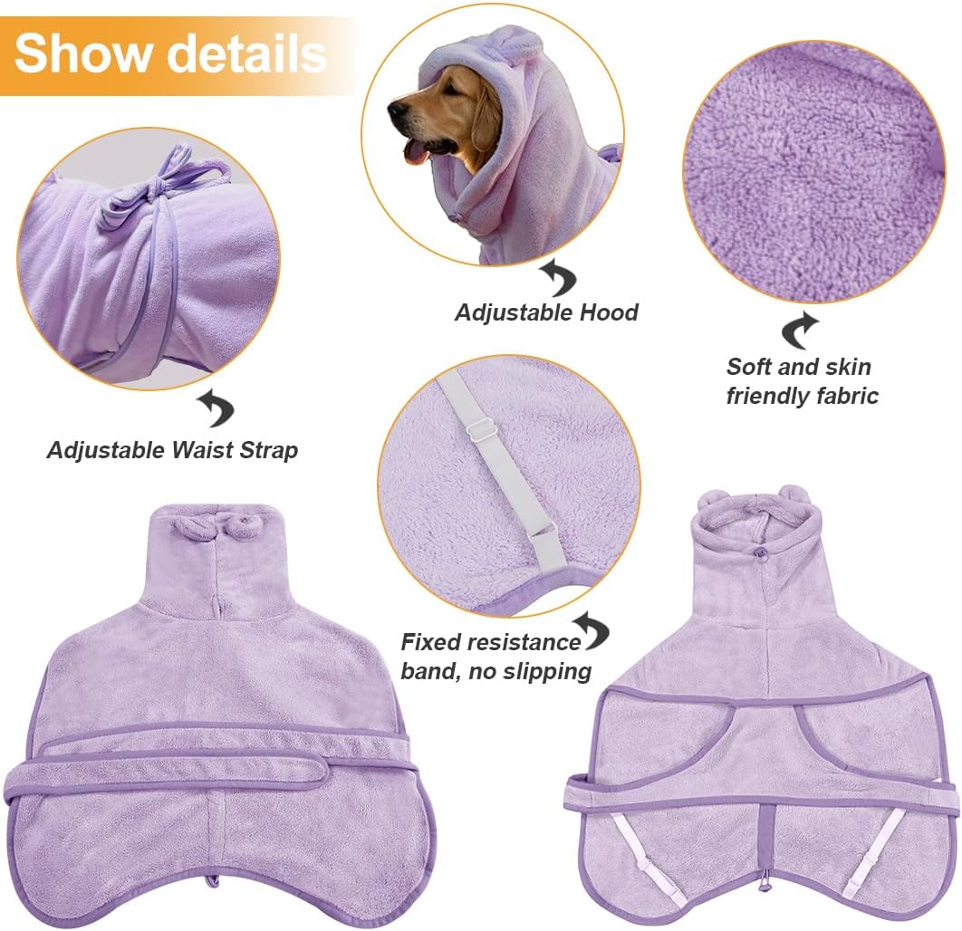 KOOGALSmall to Medium Size Dog Bathrobe, Quick Drying Super Absorbent Used for After Bathing, Warm Dog Towels, Adjustable Hoodies and Belts for Pet Dogs Bath Clothes Products(Purple, L)