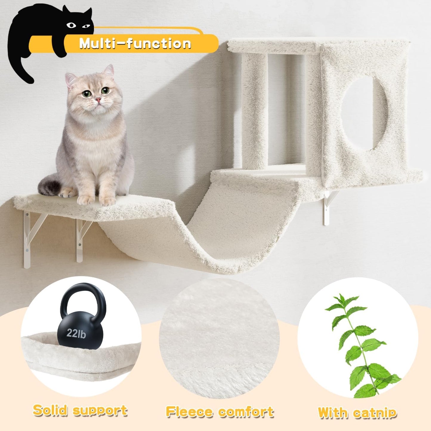 NUNU LAB Wall Mounted Cat Climber Set, 6 Pcs Cat Furniture Set with House, Bridge, Steps, Scratcher Board and Hammock, Shelves for Indoor, Luxury Walls Furniture(Beige)