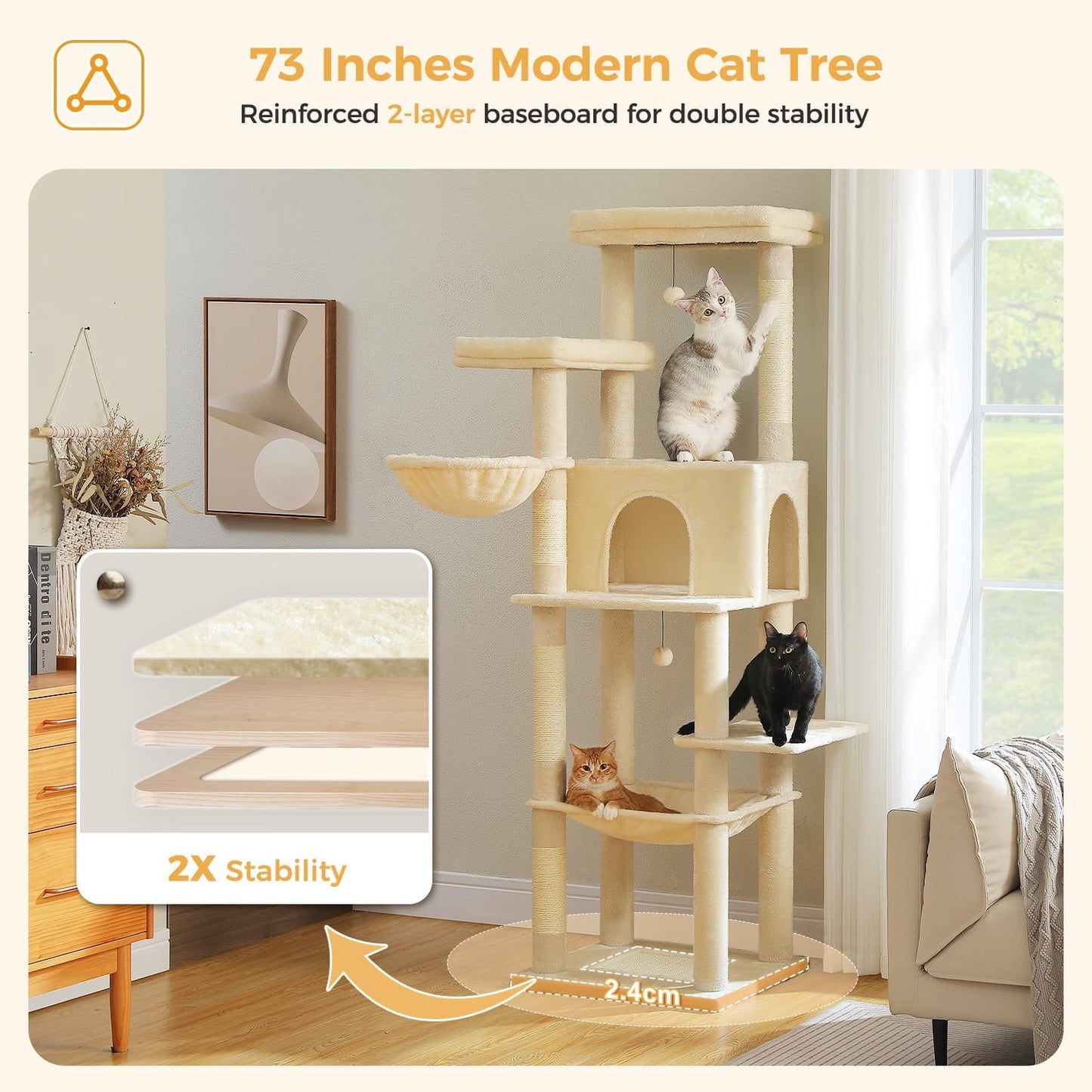 PAWZ Road Large Cat Tree, 73 Inches Tall Cat Tower with 1 Large Padded Perch,2 Spacious Hammocks,8 Long Scratching Posts, XL Plush Cat Condo for Indoor Adult Cats,Beige