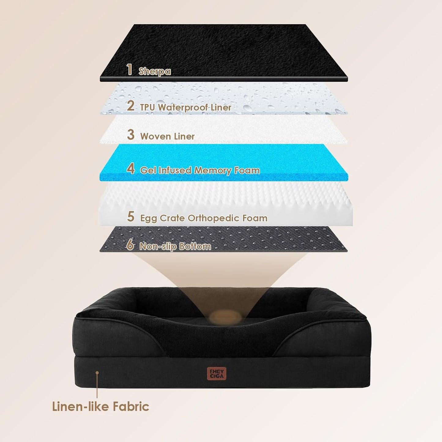 EHEYCIGA Memory Foam XXL Dog Bed for XLarge Sized, Extra Large Orthopedic Dog Sofa with Sides and Waterproof Liner, Washable Bolster Pet Couch with Removable Cover, 52x41x8 Inch, Black