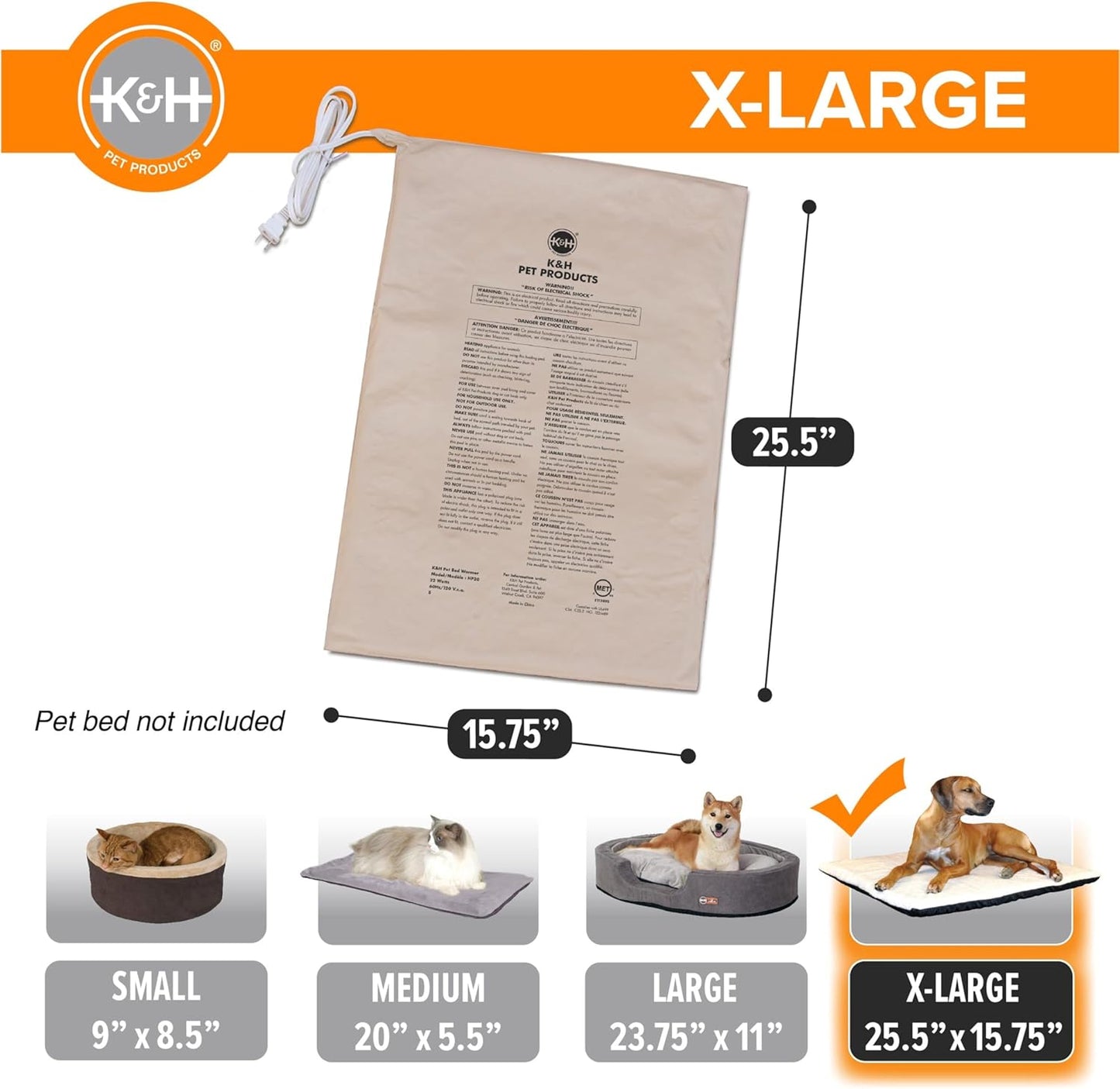 K&H Pet Products Pet Bed Warmer, Turn Any Pet Bed Into a Heated Cat or Dog Bed, Waterproof Indoor Heated Warming Pad Insert, Automatic Temperature, Safety Listed - Extra-Large 25.5 X 15.75in Tan