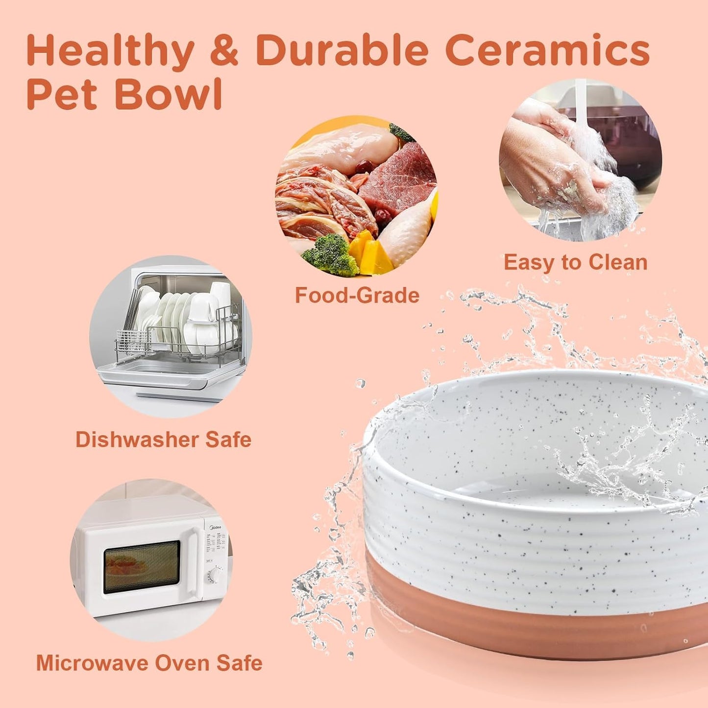 SPUNKYJUNKY Elevated Dog Bowls Ceramic, 5.1'' Dogs and Cat Food Water Bowls Raised with Non-Slip Bamboo Stand for Puppy Small Sized Breed Microwave Dishwasher Safe - 13.5 OZ,Pattern White