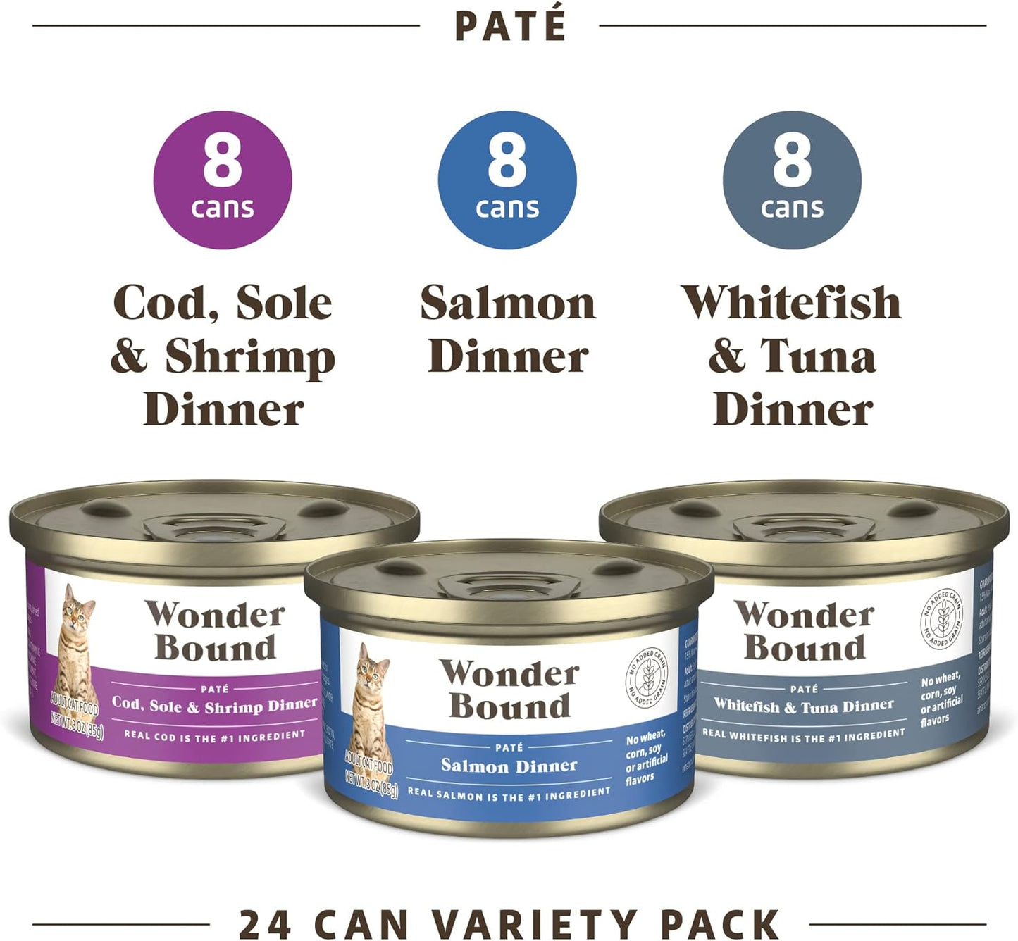 Amazon Brand - Wonder Bound Wet Cat Food, Pate, No Added Grain, Variety Pack (Cod, Sole & Shrimp, Salmon, White Fish & Tuna), 3 ounce (Pack of 24)