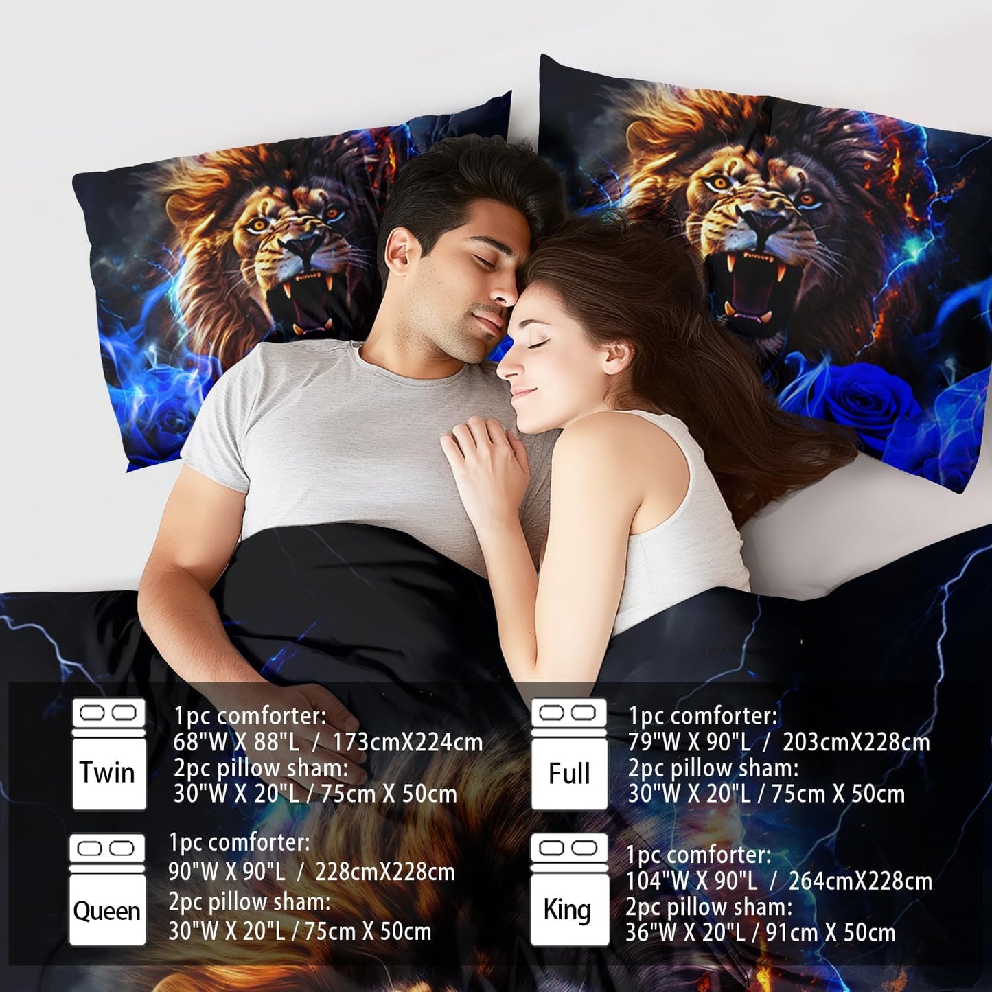 Lion Blue Comforter Set Full,Lion Bedding Set Boys,Animal Print Comforter Bedroom Decor for Home,Vintage Floral Quilt,Blue Flower Bedding Adult,Tiger Quilt Bed Decor Teen