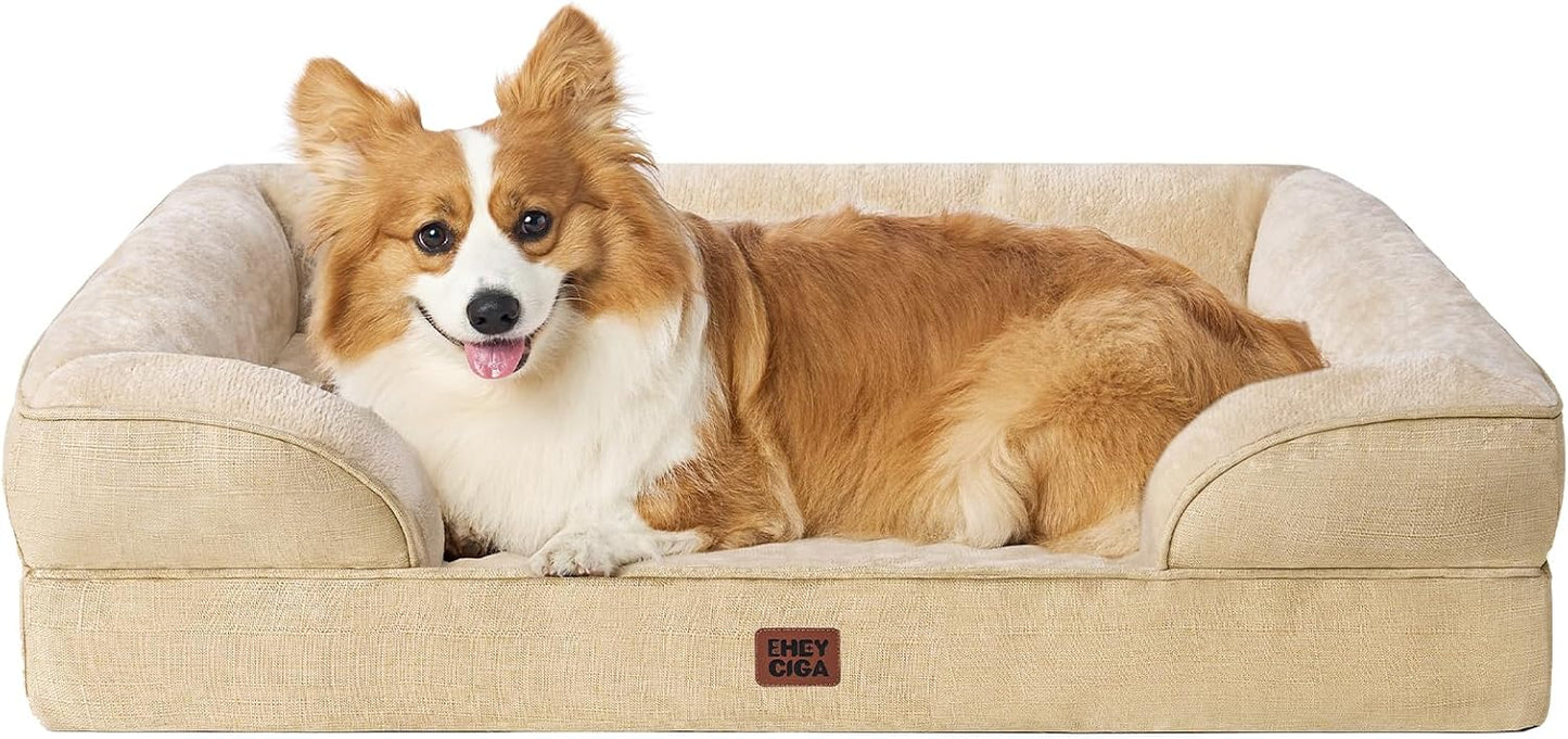 EHEYCIGA Orthopedic Dog Beds for Large Dogs, Waterproof Memory Foam Large Dog Bed with Sides, Non-Slip Bottom and Egg-Crate Foam Pet Couch Bed with Washable Removable Cover, Greige