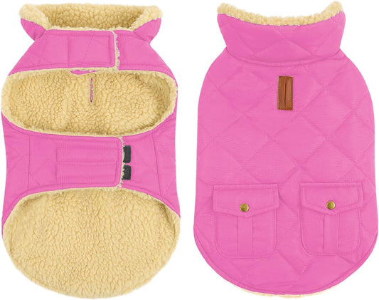 Queenmore Dog Winter Coat - Fleece Jacket, Waterproof Cold Weather Dog Clothes, Thick Warm Cotton Padding, Easy On Storage Pockets (Pink, Small)