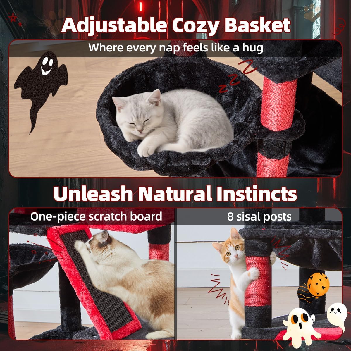 Taoqimiao Gothic Cat Tree 57.5-Inch, Cat Tower for Indoor Cats Large Adult, Large Cat Condo, 8 Sisal Scratching Posts, Metal Frame Cozy Hammock, Durable Scratch Board, 2 Perches, Black and Red MS026BR