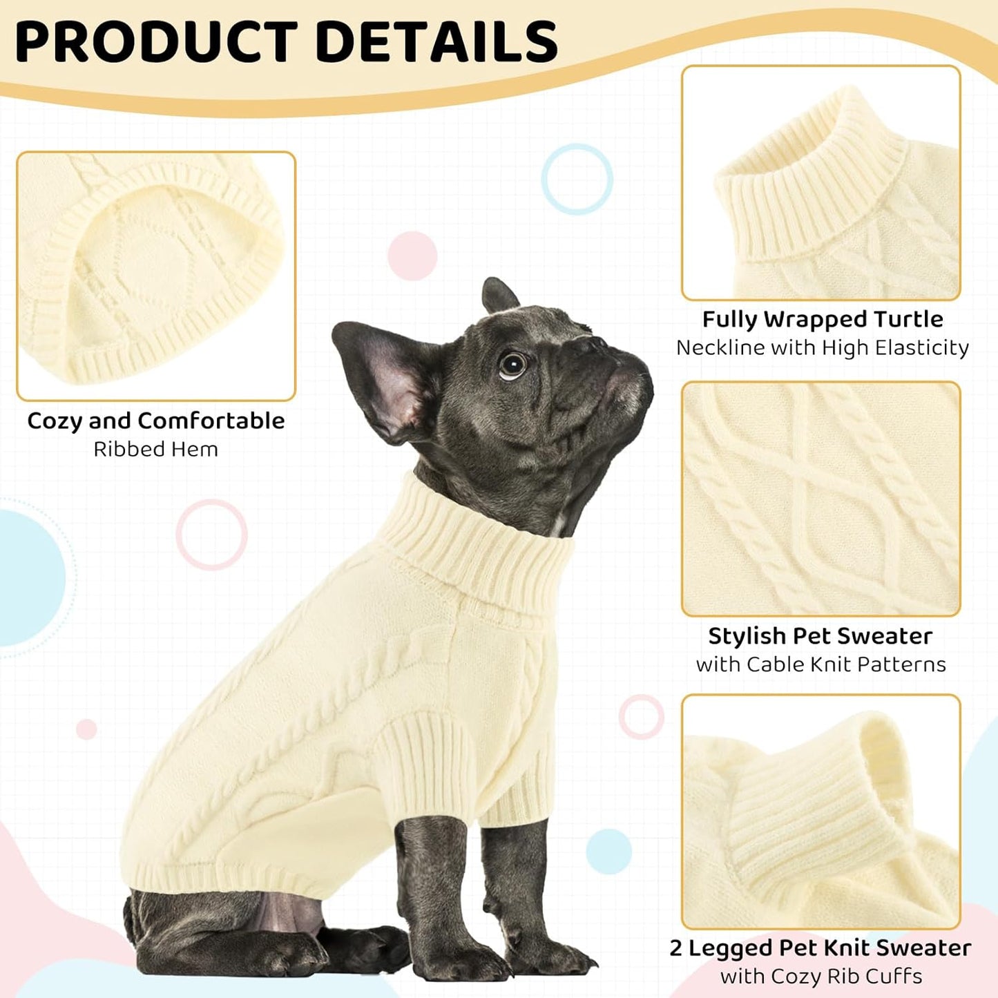 Queenmore Small Dog Pullover Sweater, Cold Weather Cable Knitwear, Classic Turtleneck Thick Warm Clothes for Chihuahua, Bulldog, Dachshund, Pug (White, X-Small)