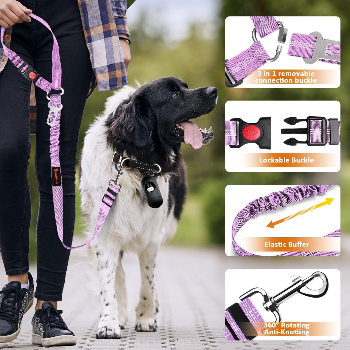 Removable Dog Seat Belt Harness for Car, 3 in 1 Pet Dog Car Seatbelt Leash, Retractable Restraint Secures to Vehicle Headrest & Adjustable Reflective Bungee Dog Seatbelt Tether, Purple