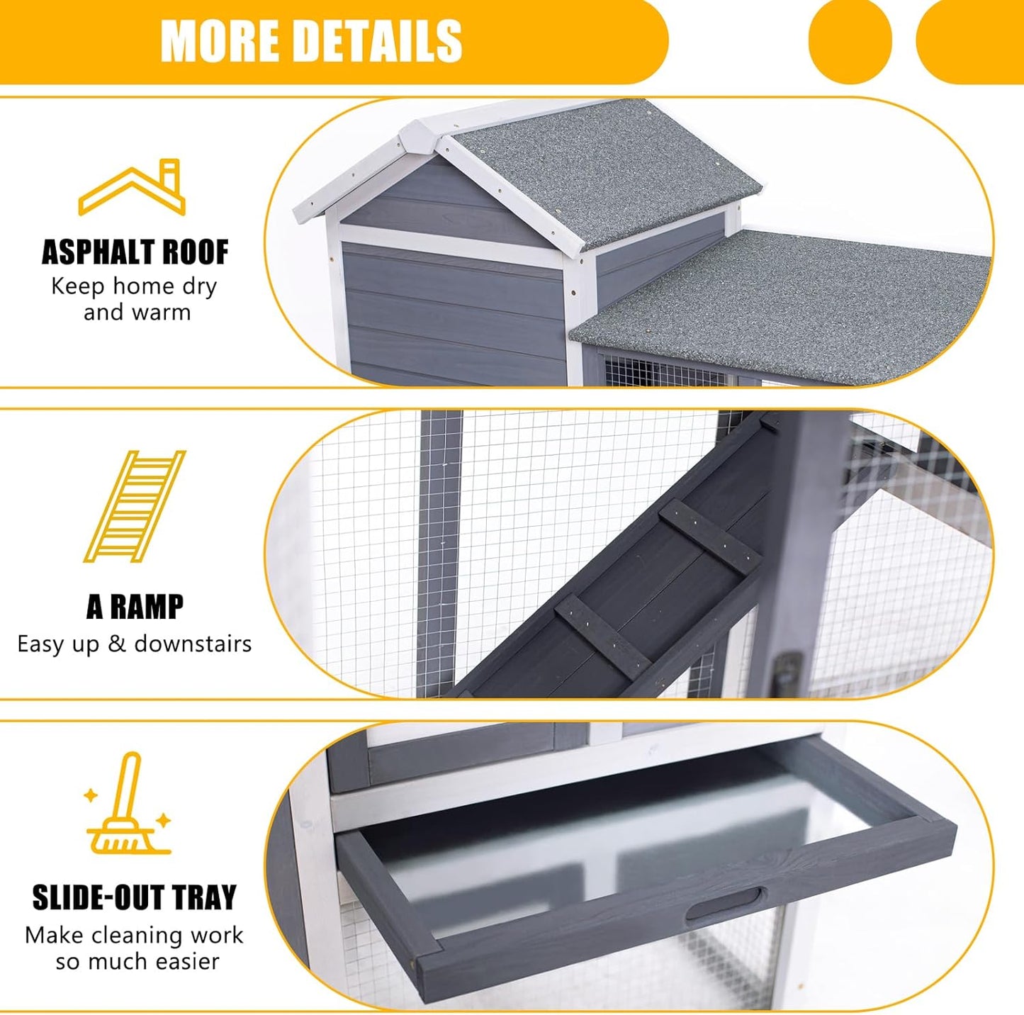 GEGURI Large Rabbit Hutch Indoor Outdoor Chicken Coop Wooden Bunny Cage with Waterproof Roof (48''L x 24''W x 36''H Grey)