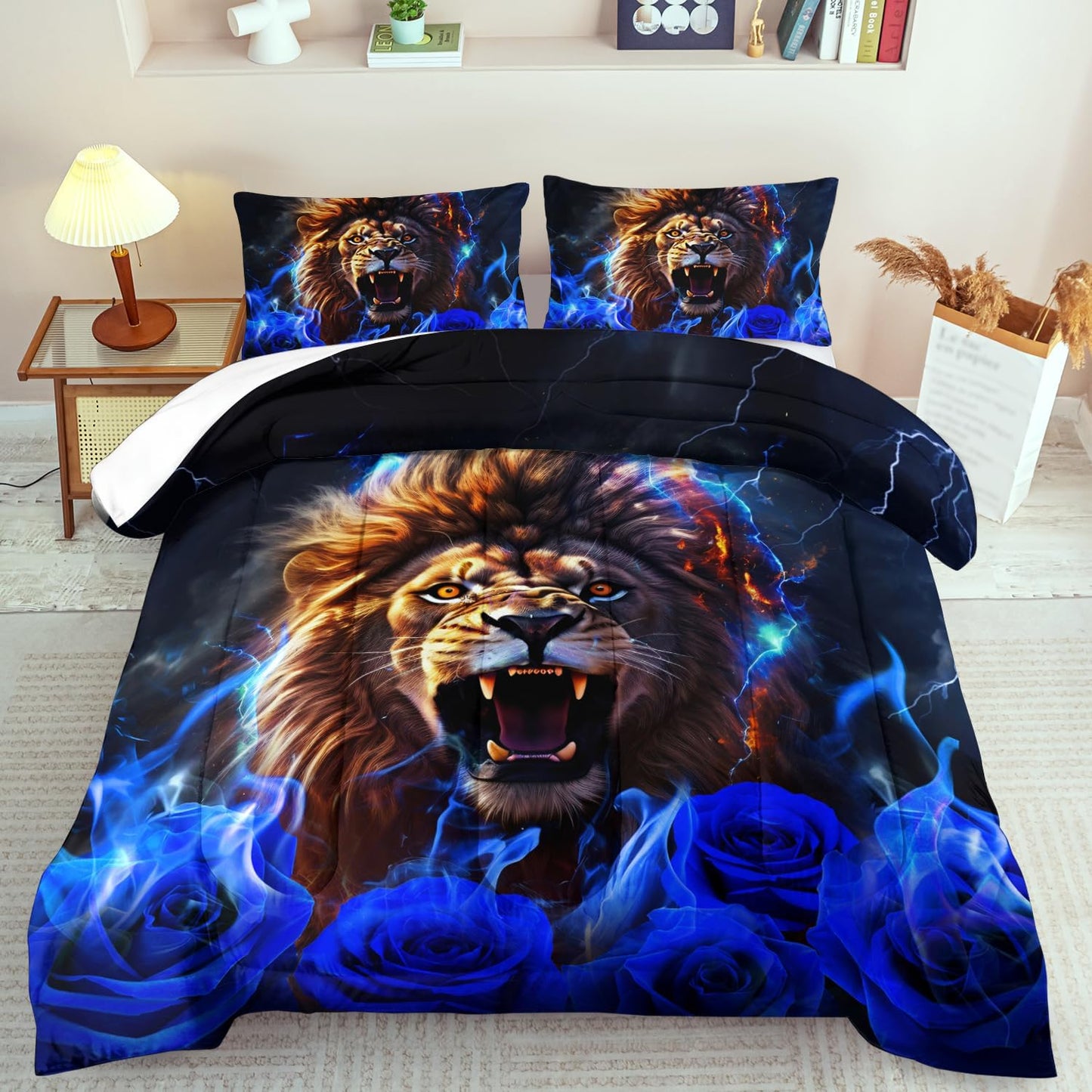 Lion Blue Comforter Set Twin,Lion Bedding Set Boys,Animal Print Comforter Bedroom Decor for Home,Vintage Floral Quilt,Blue Flower Bedding Adult,Tiger Quilt Bed Decor Teen