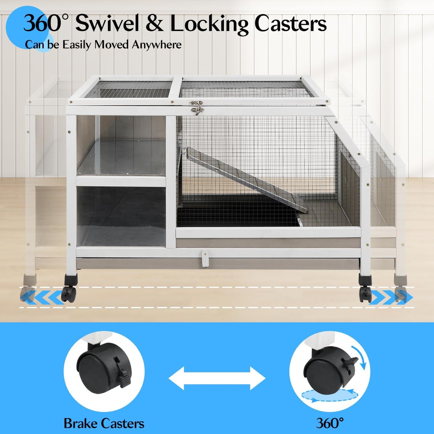 36''L Rabbit Hutch Outdoor with Casters and Run, Wooden Indoor 2 Story Guinea Pig Cage with Divider Panel, Pull Out Tray, Rabbit Duck Bunny House for Small to Medium Animals and Pet Lover, Gray