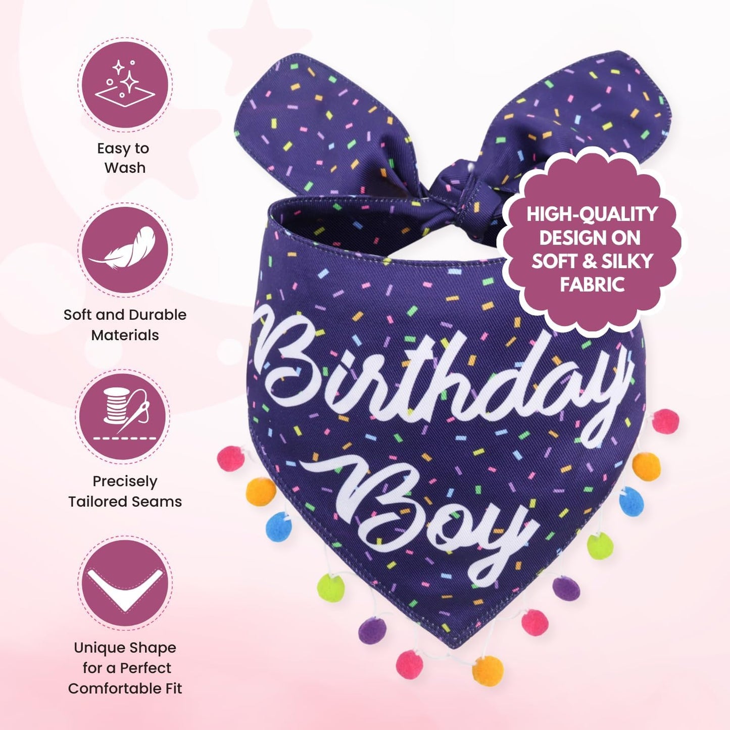 LunaMarie - Luxury Pet Birthday Bandanas -Premium & Silky Poly Fabric | 100% Handmade | Custom Shape Dual Layered (Birthday Boy, Small)