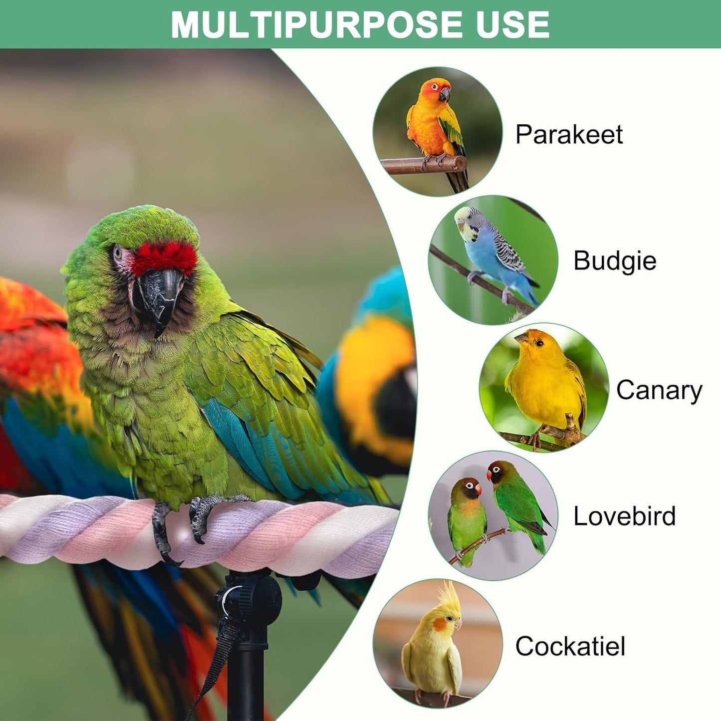 1-Pack Rope Perches for Bird Cages, 31.5 in Length Comfort Grip Flexible Rope Perch Beak & Paw Grinding for Parrots/Cockatiels/Parakeets, Bird Platform Sand [Pink Purple]