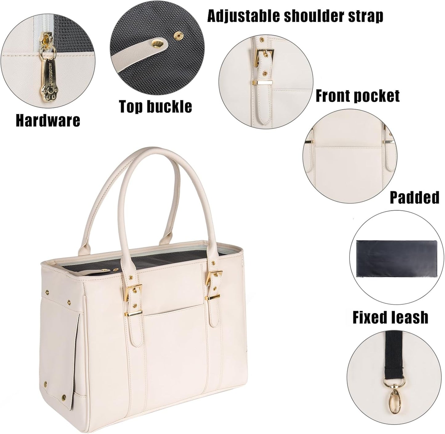 Fashion Pet Carrier Dog Purse Cat Bag Soft-Sided Carriers Travel Airline Approved, Stylish Leather Tote Handbag for Small Animal Puppy Kitten (White)