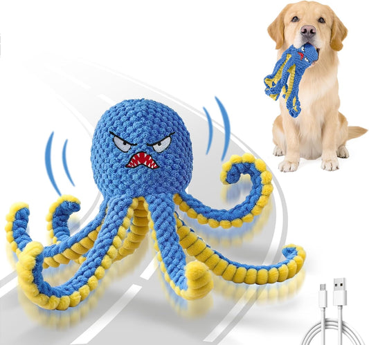 Interactive Dog Toys Octopus,Durable Automatic Jumping Dog Toy to Keep Them Busy,Squeaky Moving Tug of War Doggie Toy,USB Rechargeable,Not for Aggressive Chewers (Blue)