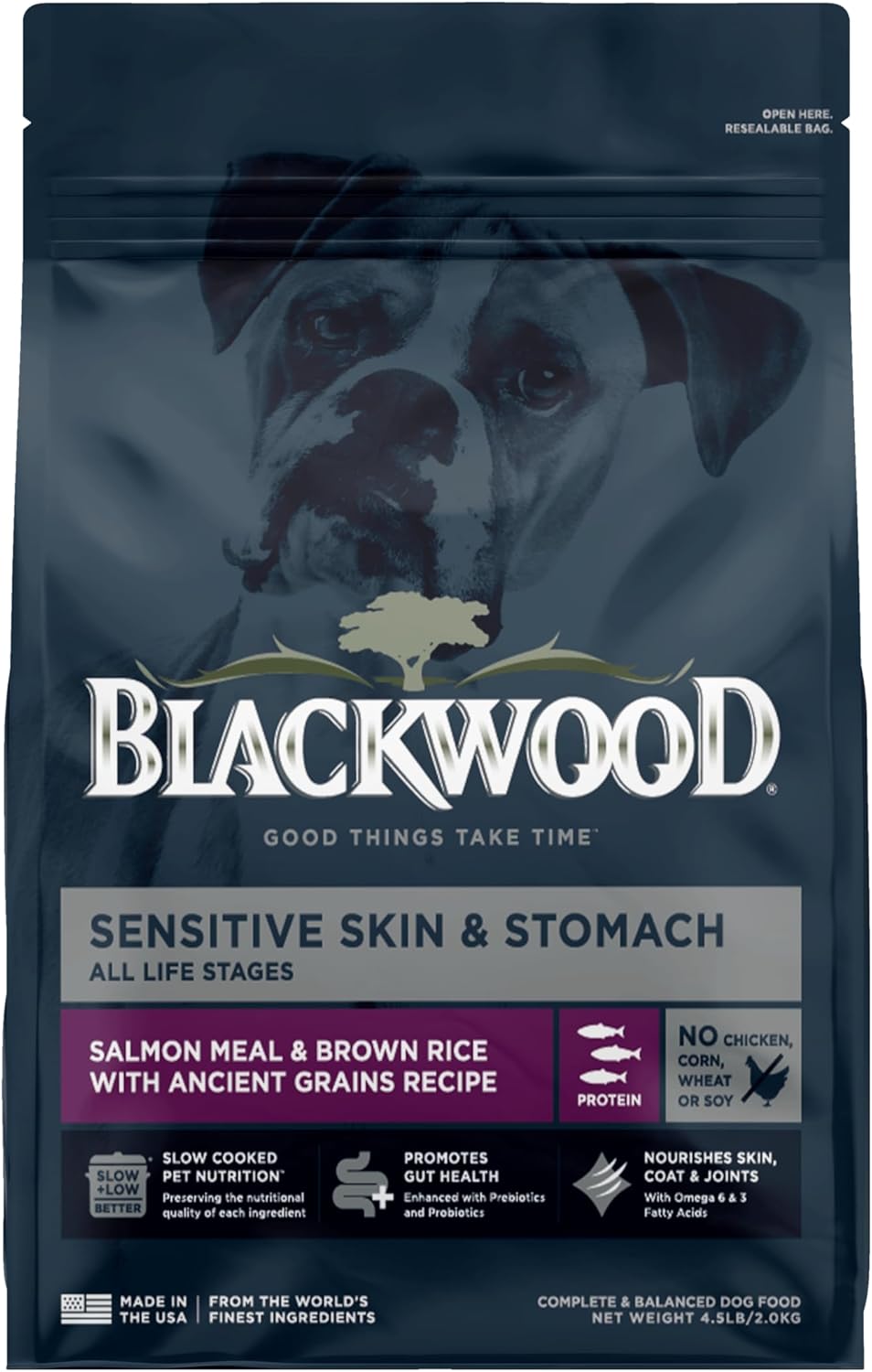 Blackwood Sensitive Skin & Stomach Dry Dog Food, Salmon Meal & Brown Rice with Ancient Grains, 4.5 Pound Bag with Prebiotics & Probiotics to Promote Gut Health