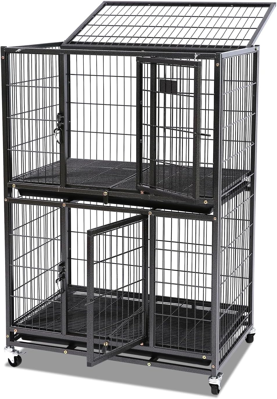 Homey Pet Four Packs 31 Inch Stackable Heavy Duty Dog Crate Cage Kennel with Four Lockable Wheels, Removable Tray, Escape Proof Wire Drop Dog Crates for Small Dogs (Two Tiers)