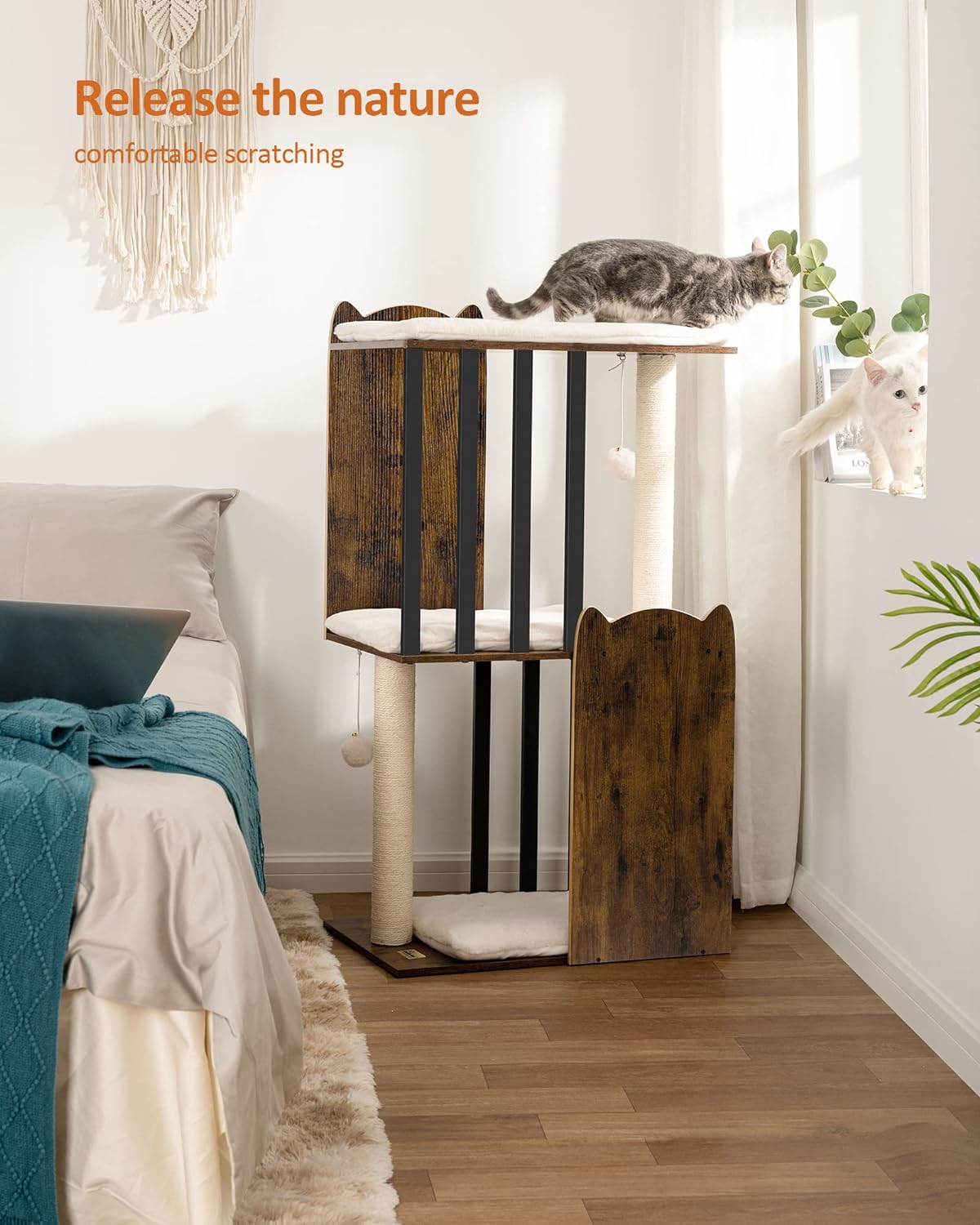 FourFurPets 43.8in 3-Tier Modern Cat Tree Tower Condo, Cat Scratch Posts for Indoor Cats, Big Plate, Two 19.7in Full Sisal Scratching Posts, Rustic Brown