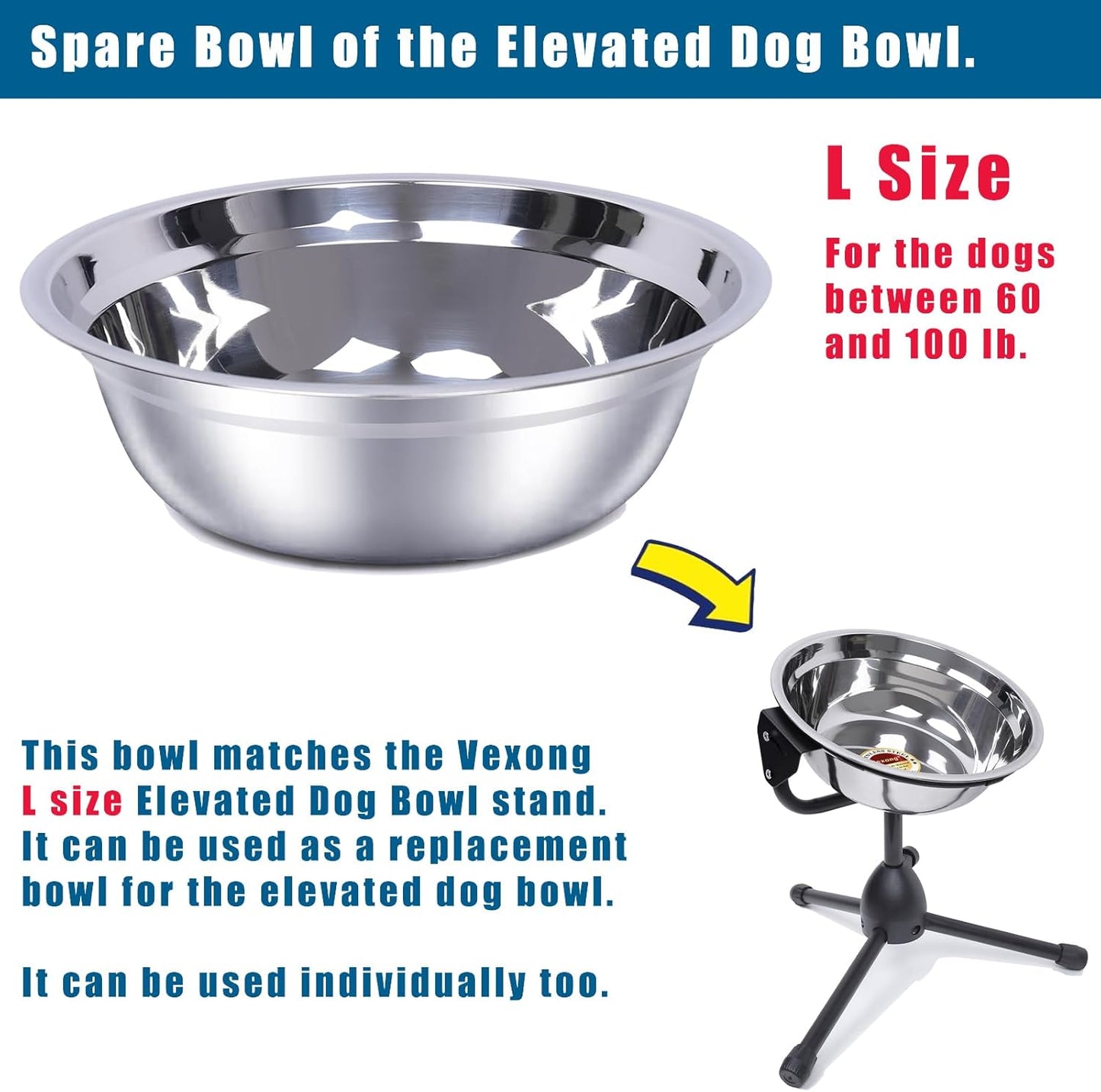 2 Pack, L Size Bowls, Matches Vexong L Size Elevated Dog Bowl Stand, for Dogs Between 60 and 100 lb, Stainless Steel Dog Bowl, Capacity 0.8 Gal / 12.5 Cup / 106 Oz / 3 Liter, Rustproof, Durable,