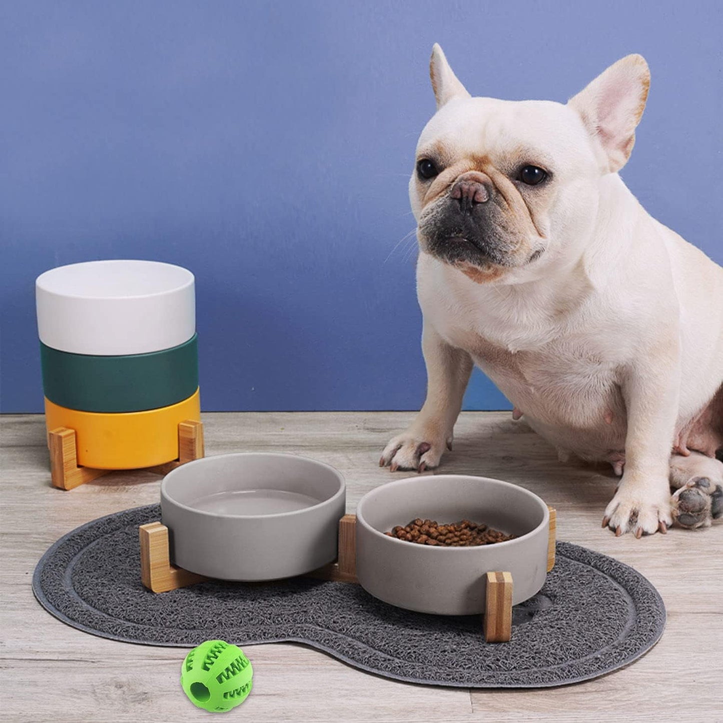 Petygooing Dog Bowls,Grey Ceramic Cat Dog Bowl Set with Wood Stand for Food and Water,Non-Slip Cute Modern Pet Dish Set for Cats and Medium Dogs (28OZ/6.1 in)