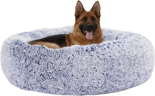 Bedfolks Calming Donut Dog Bed - 45 Inch Round Plush Dog Bed, Anti-Anxiety, Washable & Non-Slip (Navy Blue, Extra Large)