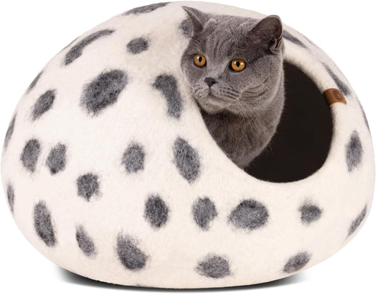 MEOWFIA Cat Cave – Premium Felt Cat Bed for Indoor Cats, Handmade 100% Merino Wool (Large, Snow Leopard)