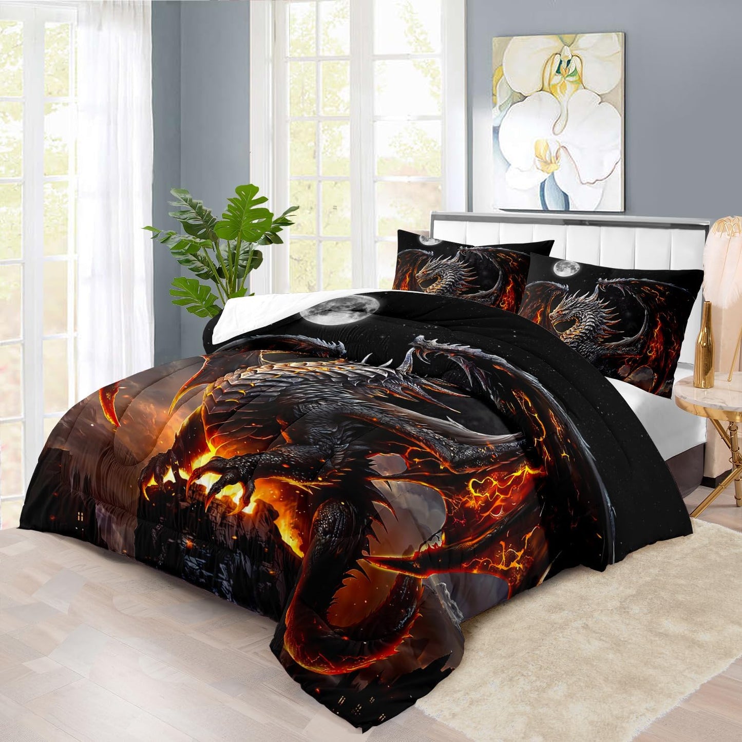 Black Dragon Comforter Set Twin Adult,Flame Dragon Bedding Set for Boys,Magical Beast Bedding Fantasy Animal Comforter Beedroom Decor,Magical Beast Quilt Bed Decor